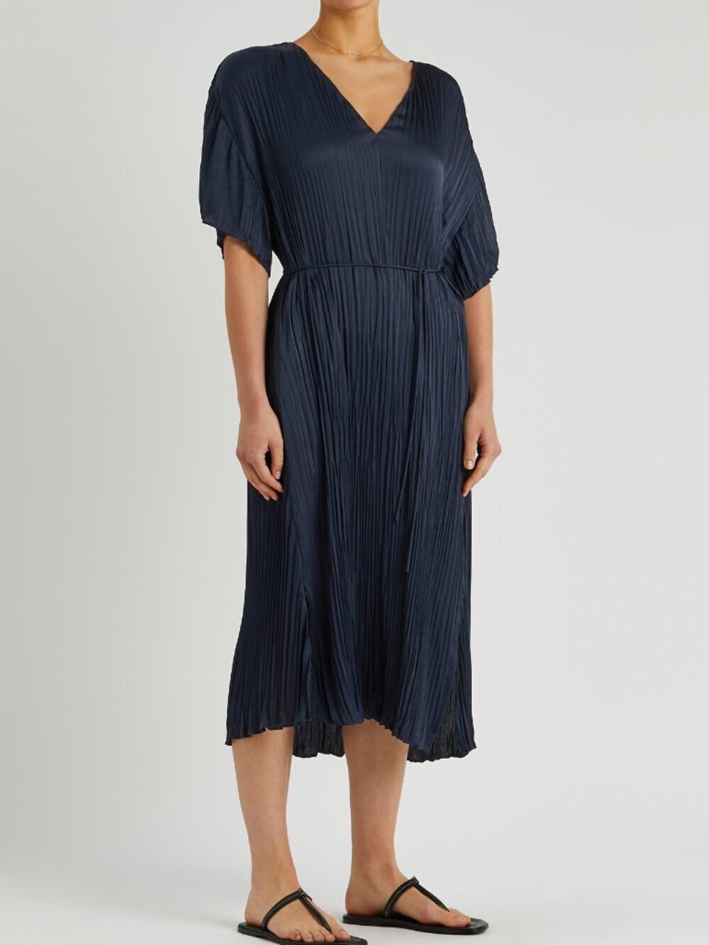 VINCE Navy Blue PlissΓ© Pleated Satin V-Neck Midi Dress, Size S